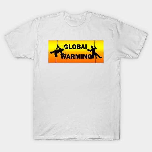 Global Warming - Typography, Two Window Cleaners Wiping Away The Word, Hot Orange Background T-Shirt by Earthworx